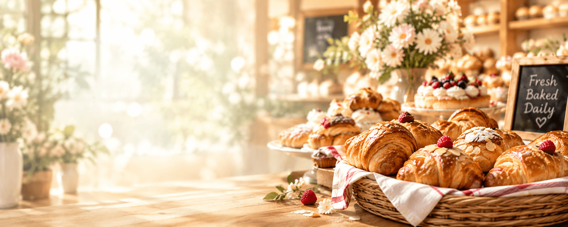 Giỏ croissant hạnh nhân vừa ra lò bên bánh kem dâu và lọ hoa cúc trắng trên quầy gỗ, nắng sớm chiếu qua cửa sổ